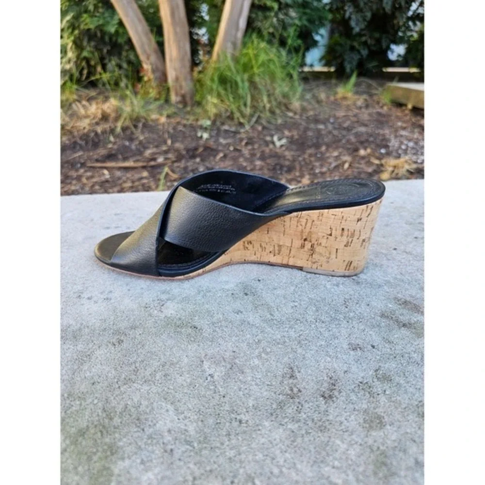 Tory Burch Crossover Leather Wedge Sandals Women 7M‎ Black Cork Slide Minimal ~